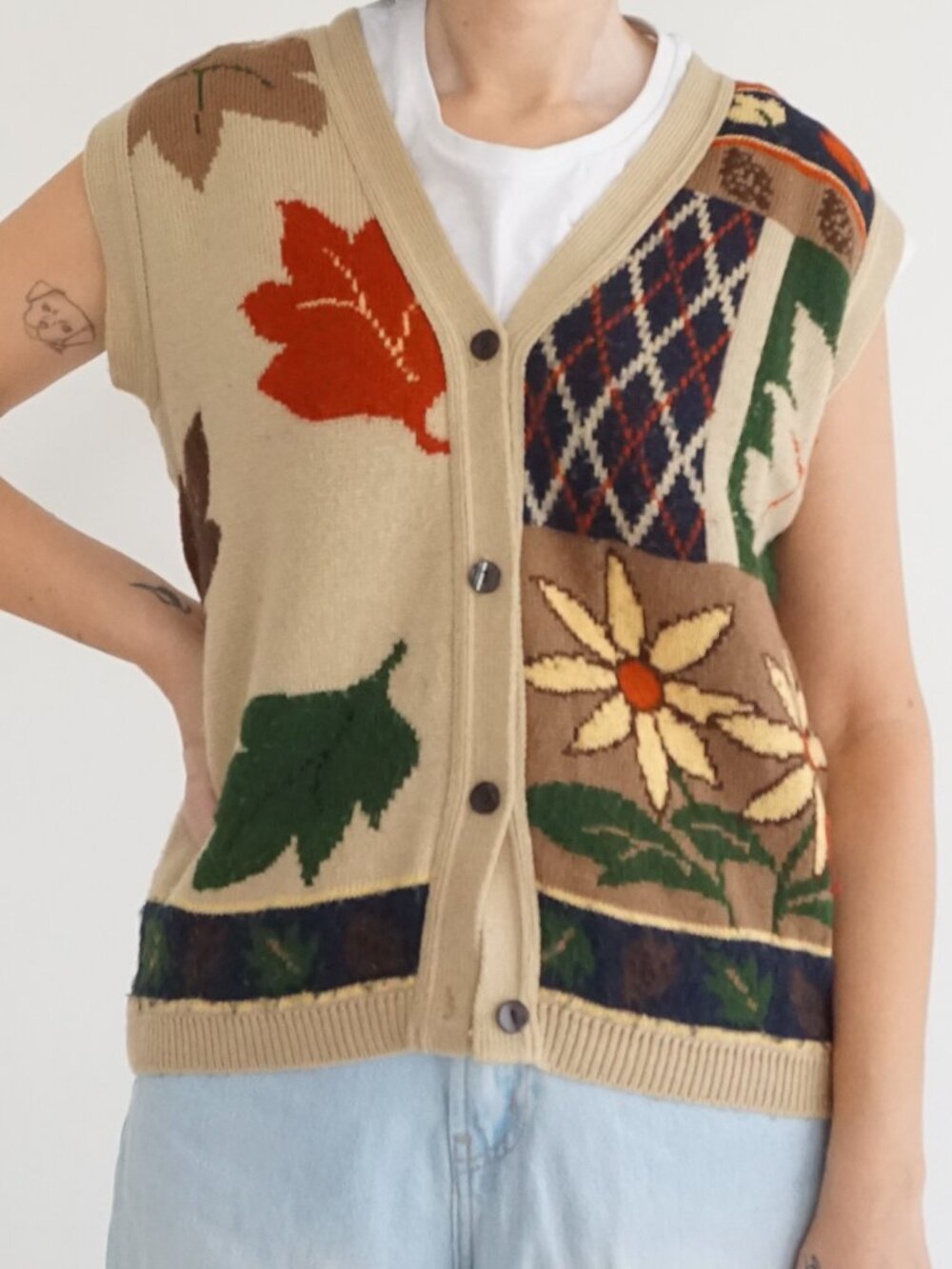 Vintage J Knits Tan Leaf Floral Patchwork Button Sweater Vest Autumn M